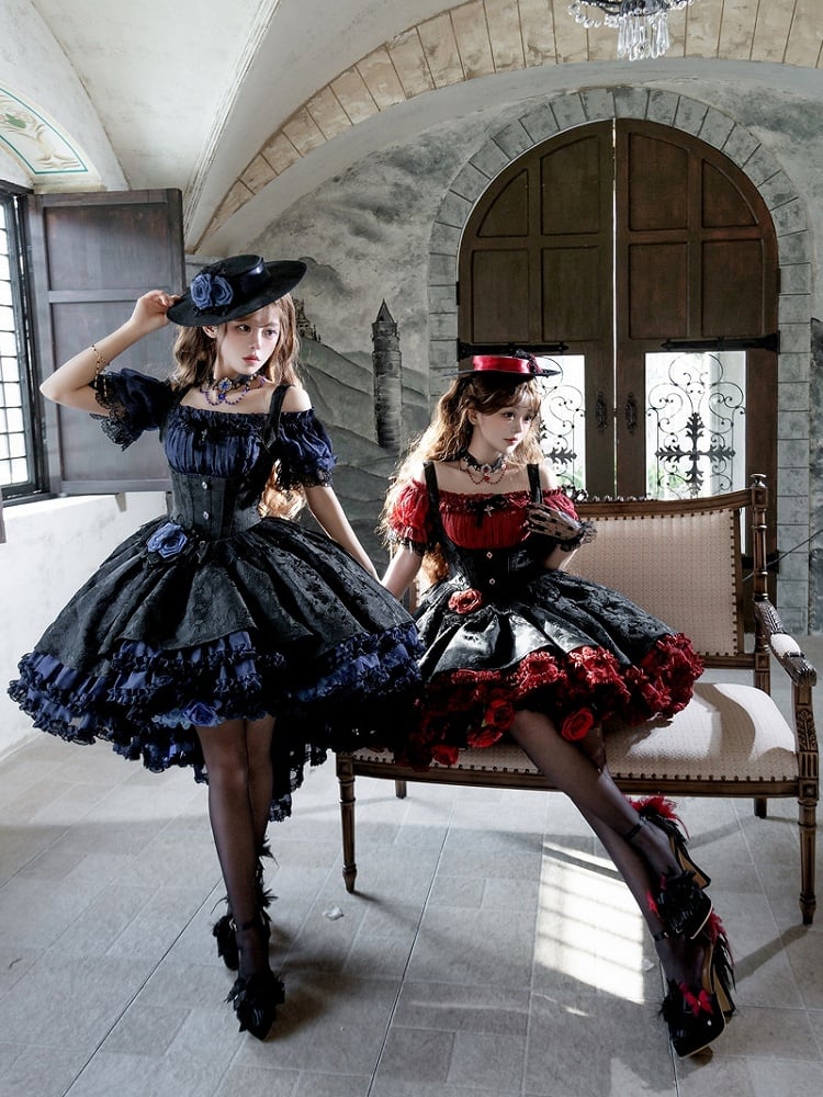 Red & Black Gothic Underbust JSK Dress and Off-Shoulder Blouse Set detail view 11