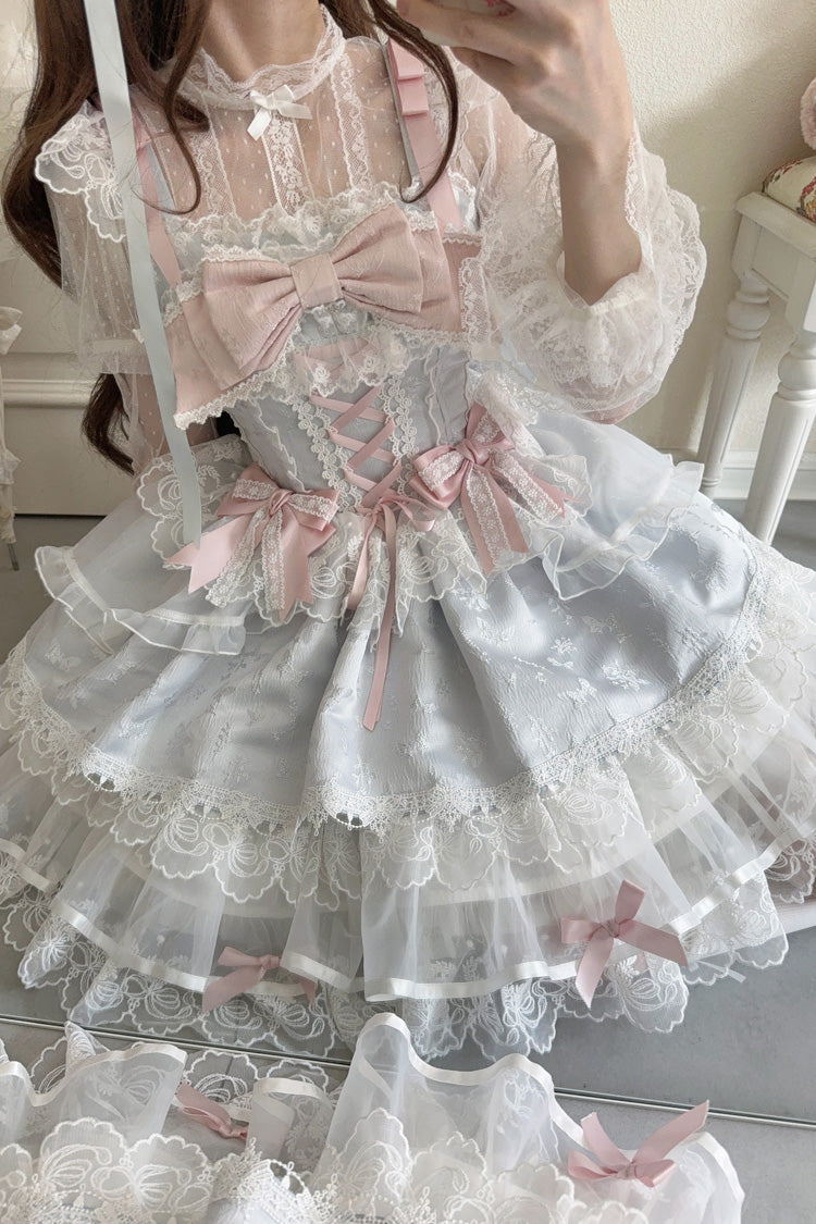 Blue [Fleishi Island] Sleeveless Ruffle Bowknot Lace Slim Sweet Ballet Lolita Jsk Dress - Product - 2