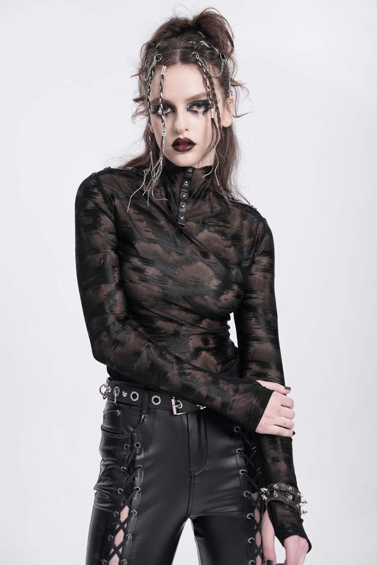 Black Stand Collar Sheer Studded Women's Punk Blouse - Product - 5