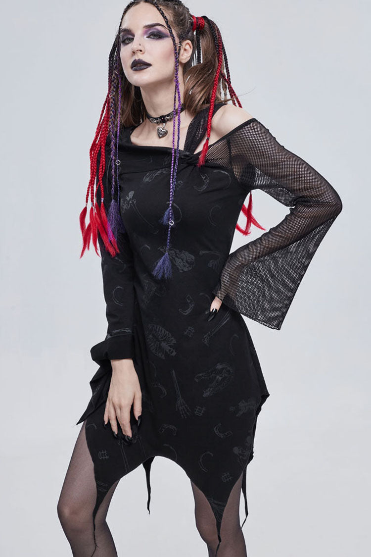 Black Gothic Off-The-Shoulder Graphic-Print Asymmetric Design Splicing Mesh Women's Dress - Product - 3