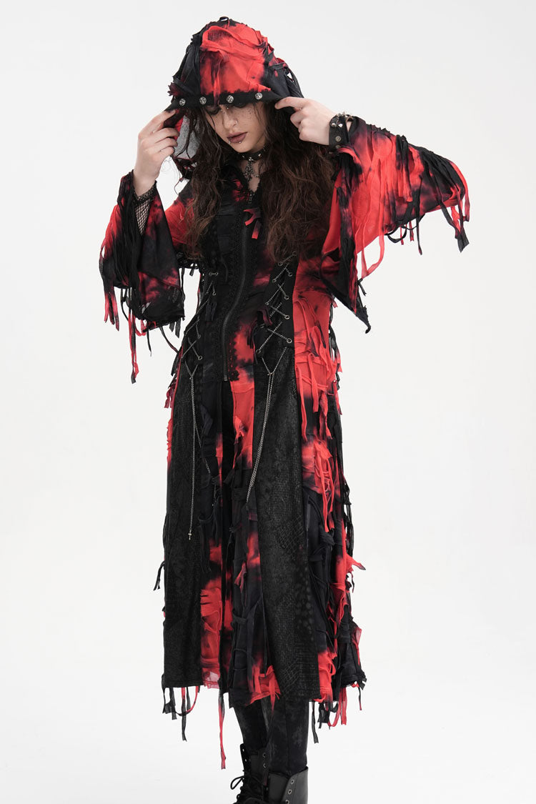 Black/Red Long Sleeves Lace Ripped Zipper Women's Punk Coat - Product - 12