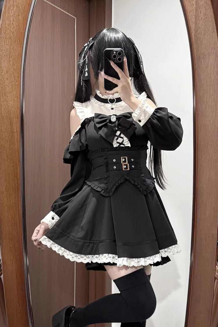 Black/White Off Shoulder Long Sleeves Ruffled Jirai Kei Japanese Dress Set - Product - 2