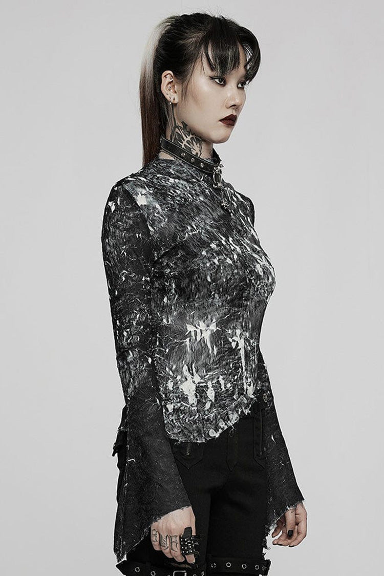 Black /White Punk Pleated Half Turtleneck Irregular Sexy Long Sleeve Lightweight Women's T-Shirt - Product - 2