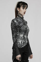 Black /White Punk Pleated Half Turtleneck Irregular Sexy Long Sleeve Lightweight Women's T-Shirt - Product - 2