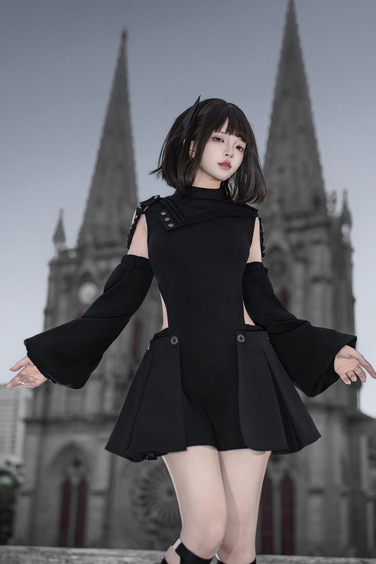 Black [Reserve Tactics] Ruffled Cut-Out Asymmetric Gothic Lolita Dress Set - Product - 7