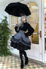Black [Point Manor] Multi-Layered Striped Printed Ruffled Lifted Hem Bow Gothic Lolita Skirt - Product - 11