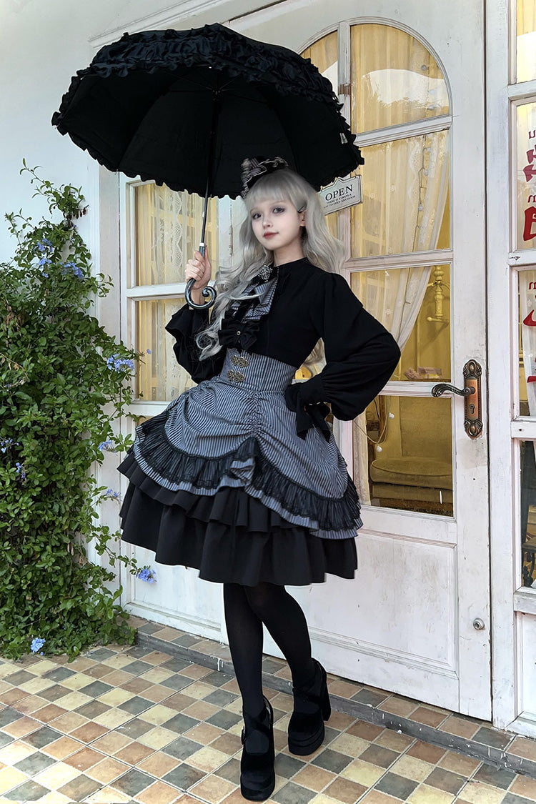 Black [Point Manor] Multi-Layered Striped Printed Ruffled Lifted Hem Bow Gothic Lolita Skirt - Product - 11
