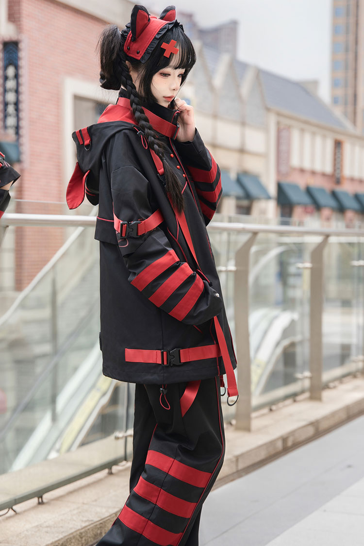Black/Red Long Sleeves Print Cat Ears Hooded Jirai Kei Handsome Coat - Product - 7