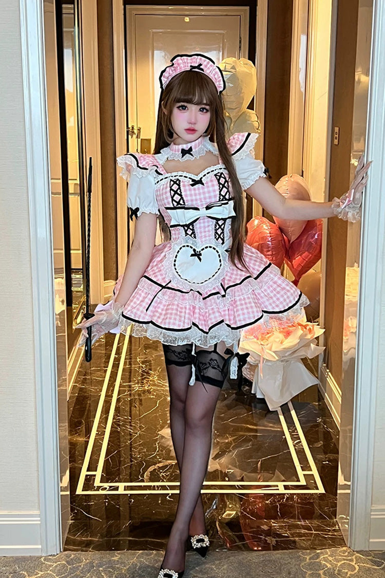 Pink [Girlish Plaid] Square Collar Short Sleeves Double-Layered Printed Ruffled Bow Lace Maid Sweet Lolita Dress - Product - 2
