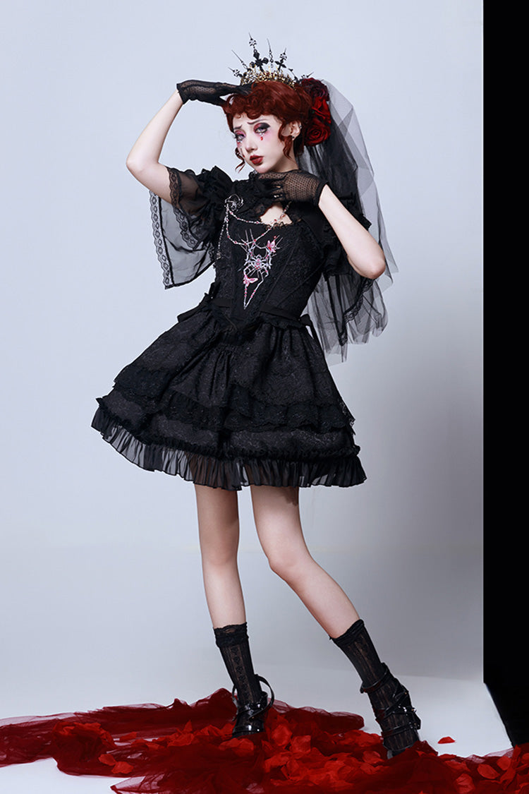 Black Sleeveless Spider Embroidery Bowknot Lace Gothic Princess Lolita Skirt Two-piece Set - Product - 8