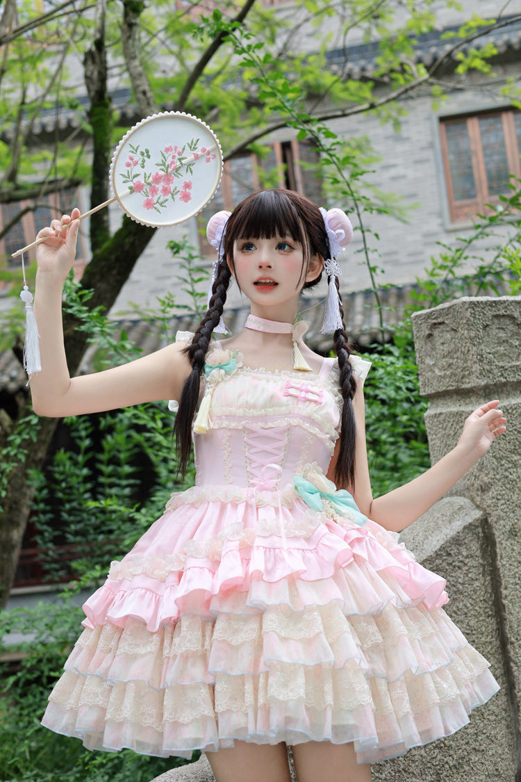 Ancient Poetry Print Multi-layer Ruffle Bowknot Lace Sweet Chinese Style Lolita Tiered Dress 2 Colors - Product - 11