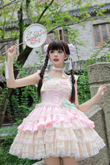 Ancient Poetry Print Multi-layer Ruffle Bowknot Lace Sweet Chinese Style Lolita Tiered Dress 2 Colors - Product - 11