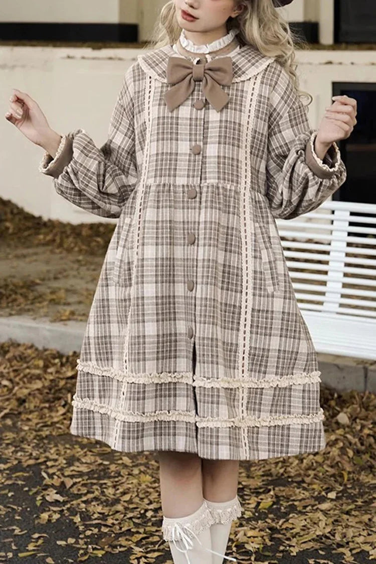 Light Brown Doll Collar Long Sleeves Multi-layer Print Bowknot Sweet College Style Lolita Dress Coat - Light-Brown - 1