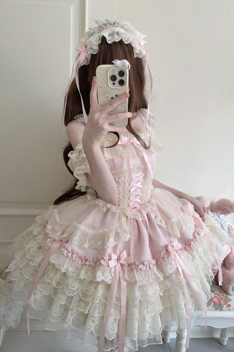 Pink [Ribbon Heart Love] Sleeveless Multi-Layered Ruffle Bowknot Lace Lace-Up Sweet Princess Ballet Lolita Jsk Dress - Product - 3