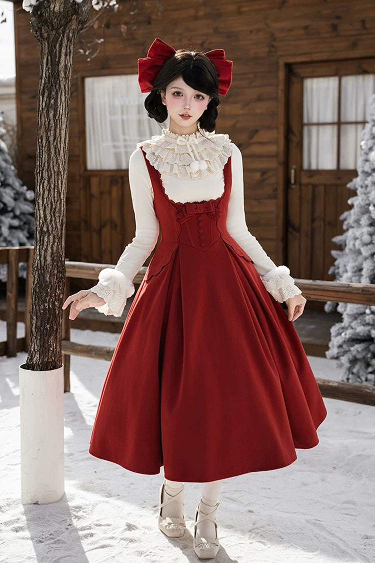 Red [Letters and Poems · Velvet Rose] Sleeveless Embroidered Bow Fishbone Classic Elegant Lolita Bandeau Dress 2 Versions - Red(Long-Version) - 14