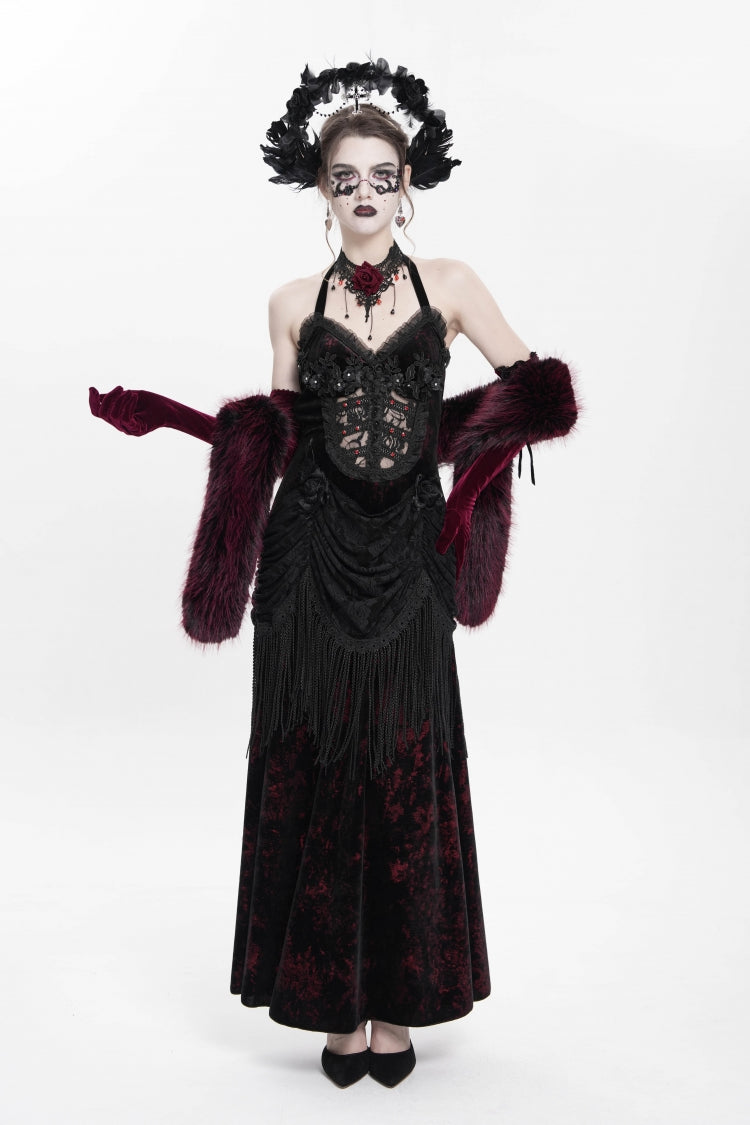 Red Sleeveless Hollow Floral Embroidery Lace-Up Pleated Women's Gothic Maxi Dress - Product - 9
