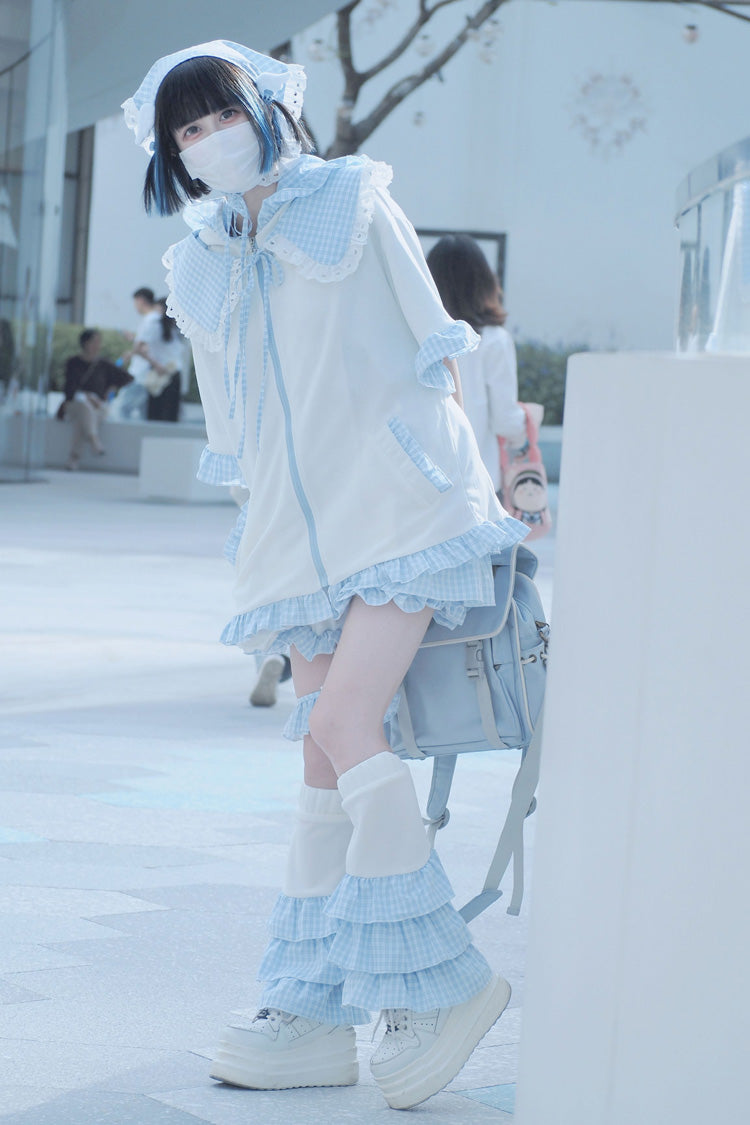 White/Blue [Heart Signal] Short Sleeves Plaid Print Jirai Kei Coat - Product - 3