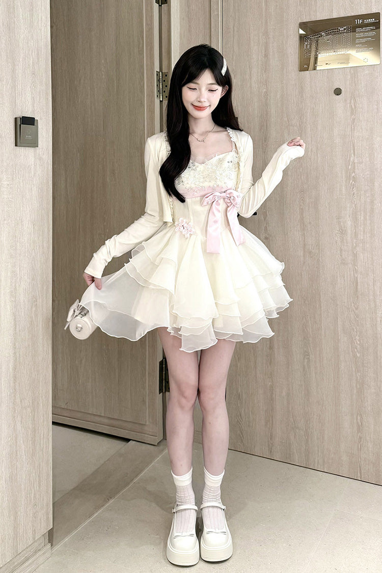 Ivory [Radiant Heiress] Sleeveless Multi-Layered Ruffled Embroidered Bow Pearl Detail Sweet Lolita Jsk Dress - Product - 6