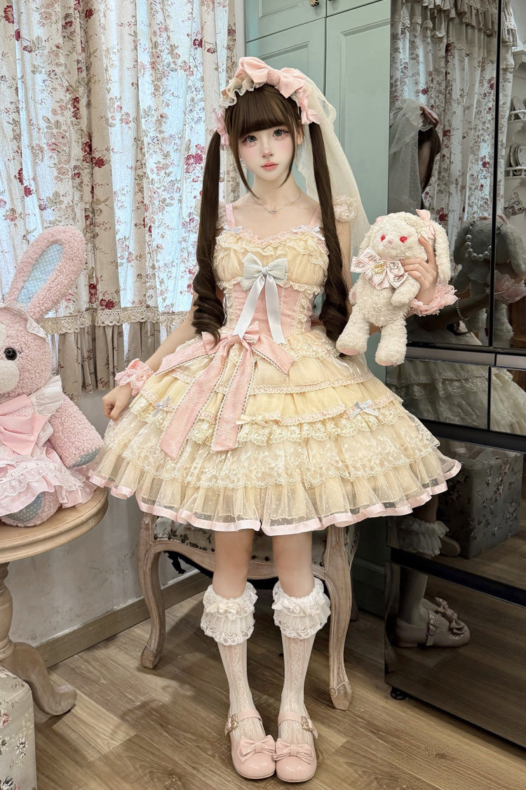 Yellow/Pink [Cream Mille-Feuille] Square Collar Multi-Layered Ruffled Bow Lace Sweet Balletcore Lolita Jsk Dress - Product - 2