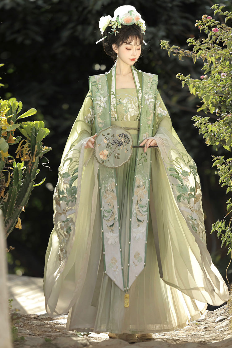 Green [Silent Spring Mountains] Song Dynasty Ruffle Elaborate Embroidery Sweet Chinese Style Hanfu Dress Full Set - Green - 1