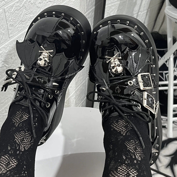Glossy Black Punk Gothic Little Demon Bat Skull Cross Strap Platform Shoes - Product - 4