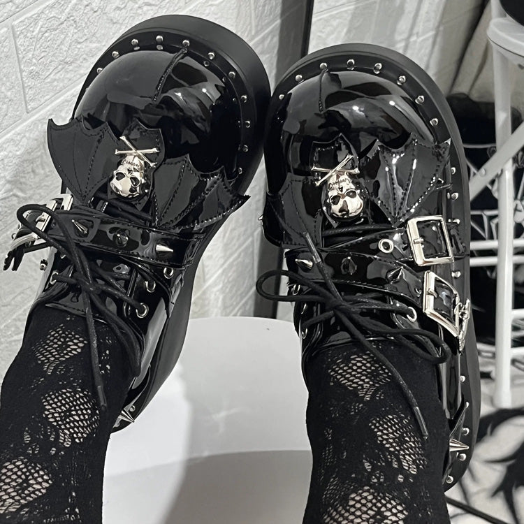 Glossy Black Punk Gothic Little Demon Bat Skull Cross Strap Platform Shoes - Product - 4
