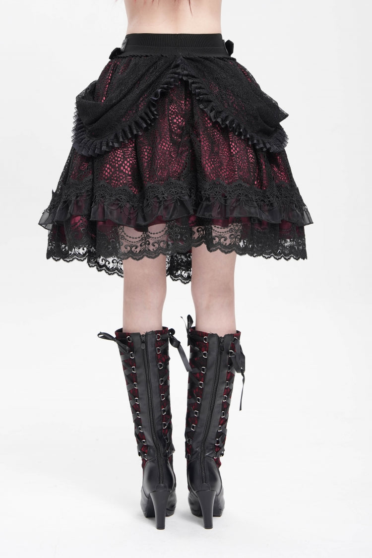 Black/Red Multi-Layered Ruffle Buckle Straps Women's Gothic Skirt - Product - 3