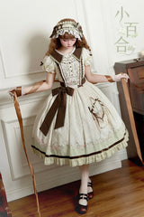 Green/Ivory [Lily] Short Sleeves Print Ruffle Embroidery Bowknot Lace Sweet Elegant Lolita Dress - Product - 14