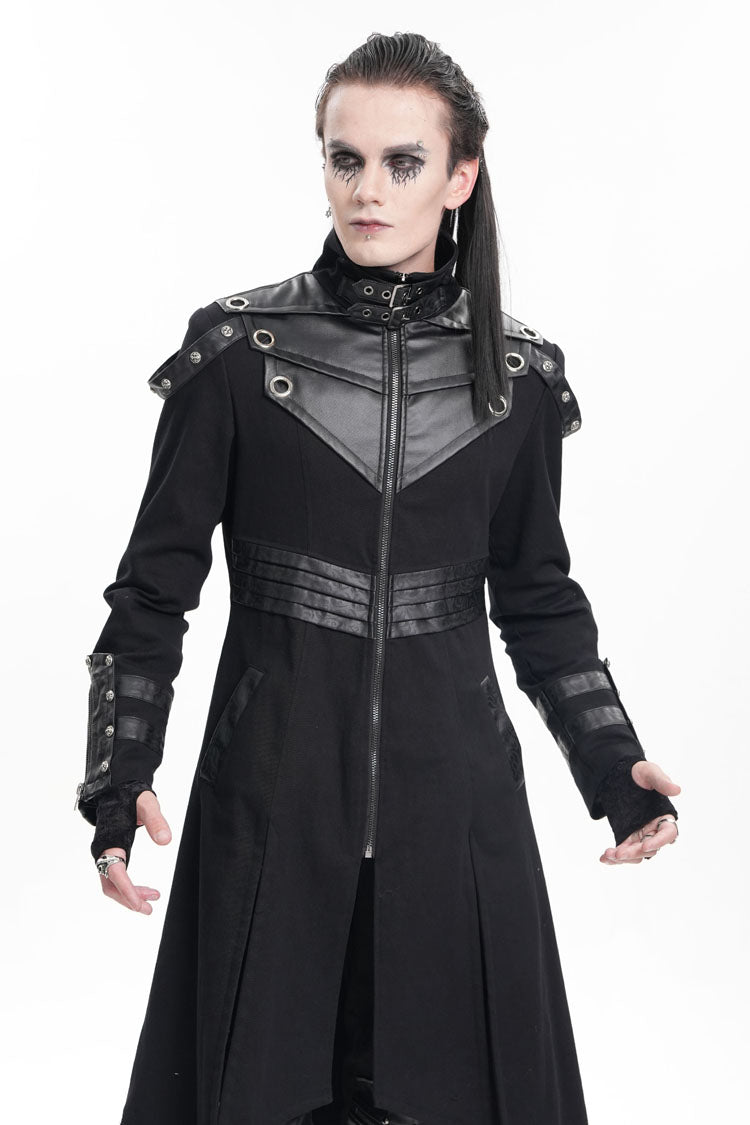 Black Stand Collar Eyelets Buckle-up Ring Long Sleeves Stitching Men's Gothic Coat - Product - 10