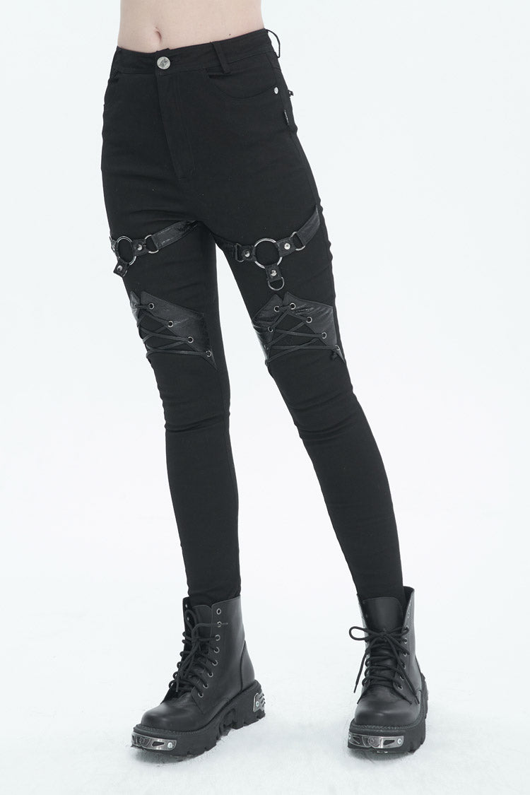 Black Slightly Elastic Twill Pu Tie Rope Decoration Women's Punk Trousers - Product - 2