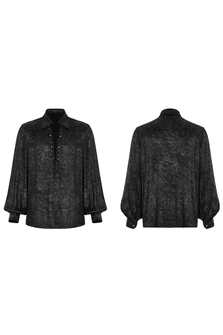 Black/Silver Stand Collar Long Puff Sleeves Print Lace-Up Metal Decoration Mens Gothic Blouse - Product - 5