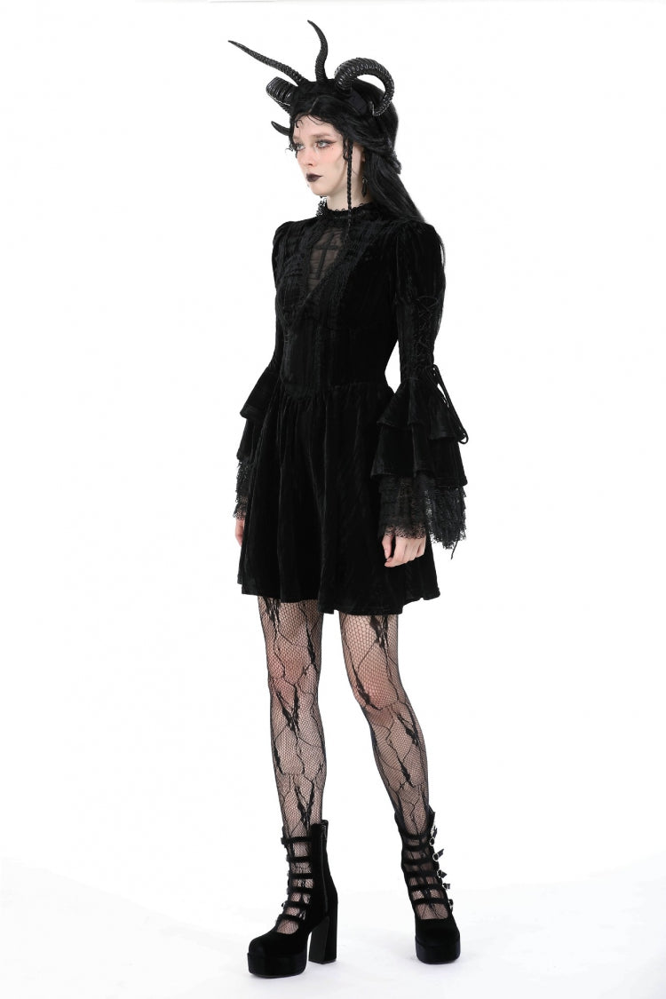 Black Women's Gothic Cross Lace Ruffled Stand Collar Long Flared Sleeves Lace-Up Velvet Dress - Product - 11