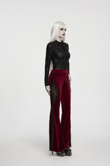 Red Patchwork Slim Fit Women's Gothic Floral Lace Spliced Beaded Tassel Flare Pants - Product - 4