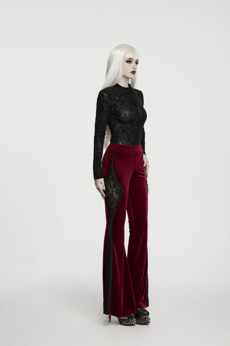 Red Patchwork Slim Fit Women's Gothic Floral Lace Spliced Beaded Tassel Flare Pants - Product - 4