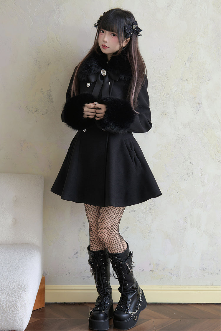 Black Double-Breasted Long Sleeves Bowknot Japanese Sweet Lolita Coat - Product - 4