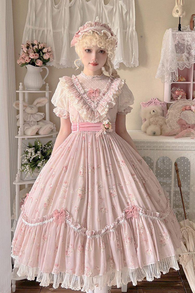 [Daydream Rose] Short Sleeves Floral Jacquard Print Ruffle Embroidery Bowknot Sweet Lolita Dress 3 Colors - Product - 3