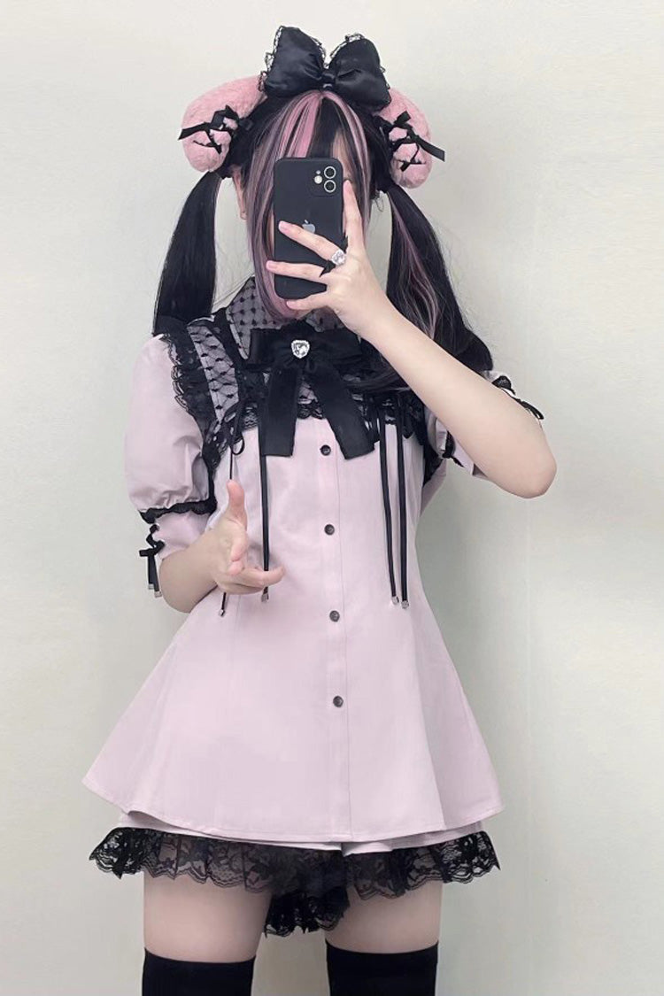 Pink Short Sleeves Lace Jirai Kei Japanese Dress - Product - 4