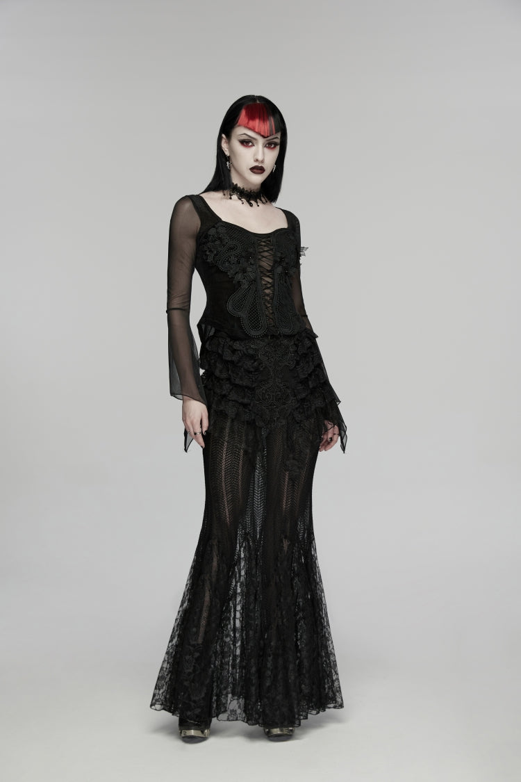 Black Embroidered Spliced Ruffled Lace Slim Mesh Women's Gothic  Mermaid Skirt - Product - 3