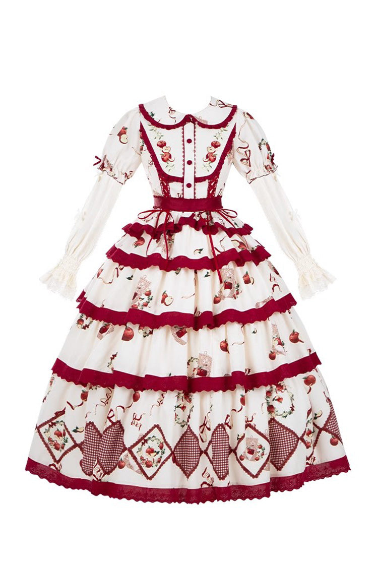 Red/Beige Triple-Layered [Apple Orchard] Print Ruffle Embroidery Sweet Lolita Long Skirt - Product - 3