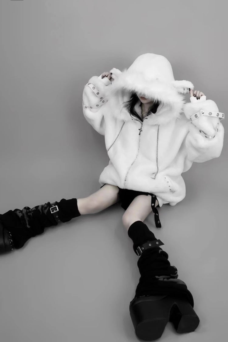 White Long Sleeves Lamb Ears Hooded Rivet Punk Japanese Jirai Kei Coat - Product - 4