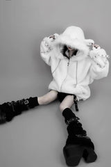 White Long Sleeves Lamb Ears Hooded Rivet Punk Japanese Jirai Kei Coat - Product - 4