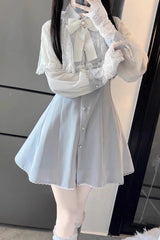 Aqua Shawl Lace Chiffon Long Sleeves Lace Slim Jirai Kei Dress - Product - 2