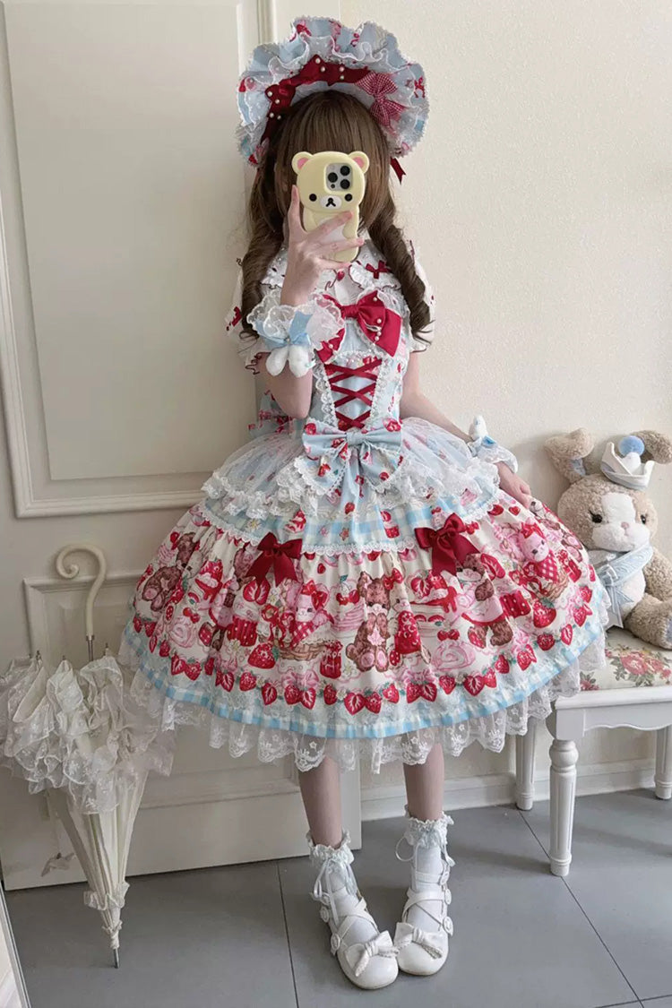 Red/Blue [Sweet Berry Bunny Bear] Printed Bow Lace Lace-Up Sweet Lolita Jsk Dress - Product - 5