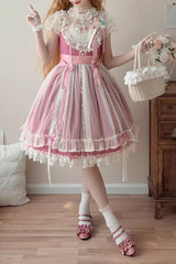 Rose Red [Sakura’s Spring Resonance] Sleeveless Ruffled Bow Sweet Lolita Jsk Dress (Short Version) - Product - 4