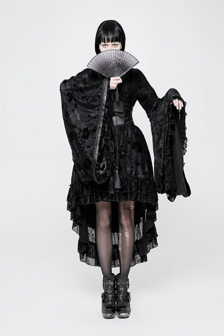 Black Long Sleeves Print Ruffle Women's Gothic Kimono Dress - Product - 4