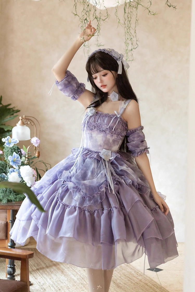 [Goodnight Camellia] Sleeveless Ombre Multi-Layered Printed Ruffled Lace Fishbone Sweet Lolita Jsk Dress 3 Colors - Product - 17