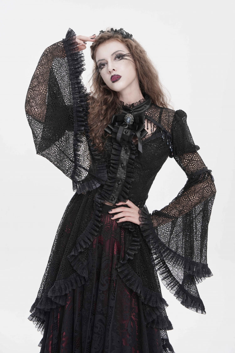Black Stand Collar Long Trumpet Sleeves Cut-Out Women's Gothic Gorgeous Blouse - Product - 10