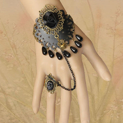 Black Retro Fashion Flower Pearl Female Band Gothic Lolita Ring Bracelet - Black - 1