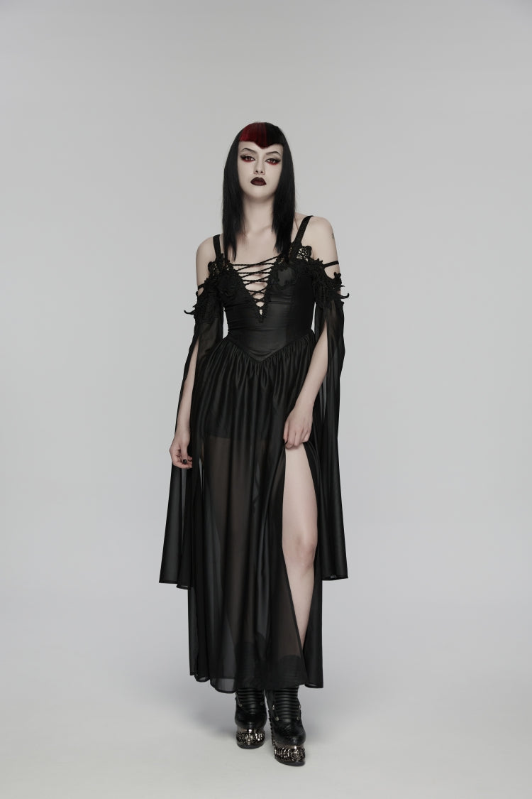 Black Off Shoulder Long Sleeves Embroidered Lace-Up Women's Gothic Elegant Dress Wedding Dress - Product - 4