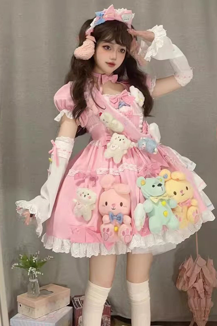 Pink Square Collar Print Doll Party Detachable Sleeves Ruffle Bowknot Sweet Princess Lolita Dress - Product - 8